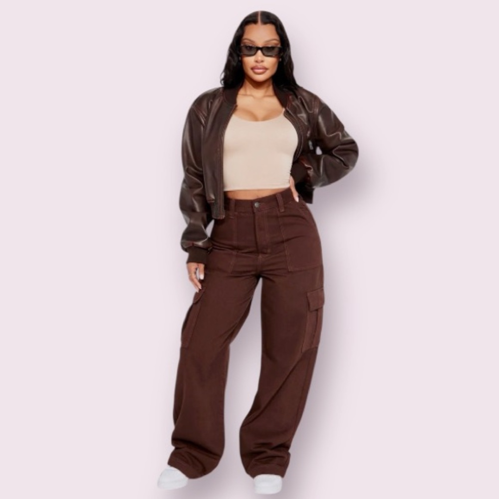 Fashion Nova Unbothered Easy Non Stretch Cargo Jean - Brown
